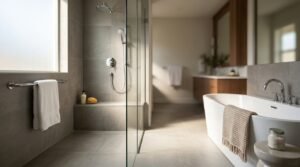 Spacious curbless walk-in shower conversion with grey textured stone wall tiles, linear drain, matte black handheld and rain shower head, frameless glass screen, and natural teak bench.