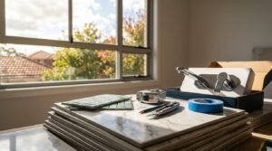 Stack of polished marble tiles topped with green mosaic tiles, a utility knife, measuring tape, and blue painter's tape, next to boxed chrome tapware on a sunlit workbench in front of a window.