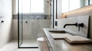 Modern concrete bathroom vanity featuring a wall-mounted matte black spout and mixer, an integrated ramp sink, tile sample swatches, and a walk-in black-framed glass shower screen with an integrated wall niche.