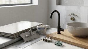 Bathroom renovation materials and fixtures including a matte black gooseneck faucet, white vessel basin, timber vanity top, notched trowel, tile adhesive, large format tiles, waterproofing membrane, and plumbing pipe fittings.