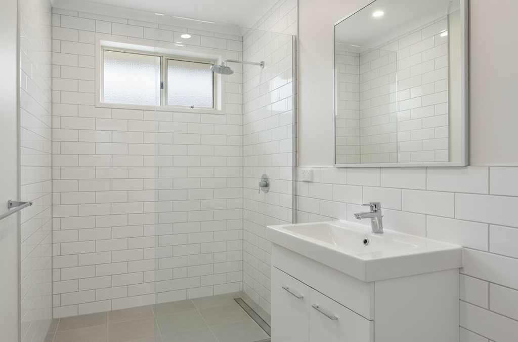 Affordable budget bathroom renovation with walk-in shower and modern finishes in a Sydney home