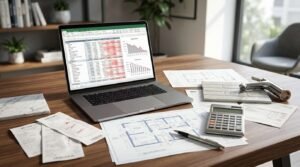 Renovation budget planning workspace on a wooden desk featuring a laptop open to a budget spreadsheet with charts, surrounded by architectural bathroom floor plans, receipts, a calculator, tile samples, and a chrome tap.