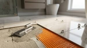 Bathroom floor tile installation in progress showing large-format polished marble tiles with leveling clips, thinset mortar spread with a notched trowel over an orange uncoupling waterproofing membrane.