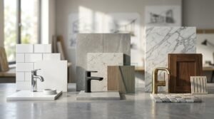 Three tiered material mood boards arranged side-by-side on a stone countertop, showcasing budget, mid-range, and luxury bathroom finishes with matching chrome, matte black, and brushed brass basin mixer taps.