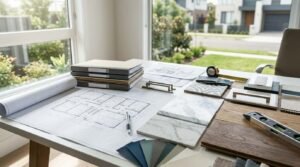 Architectural design and budgeting workspace featuring open floor plan blueprints, stacked document binders, paint swatch fan decks, marble tiles, patterned ceramic tiles, wood flooring planks, cabinet handles, a spirit level, and measuring tape by a bright picture window.