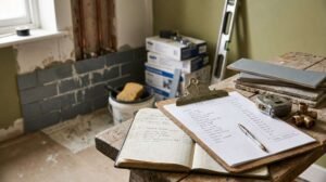 Bathroom renovation planning with budget checklist, tile samples, plumbing fittings, and remodeling materials in a construction workspace