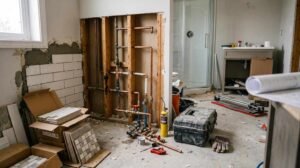 Bathroom renovation with exposed plumbing, tile installation materials, and construction tools during remodeling