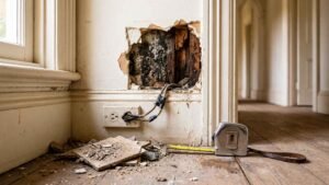 Water damage and black mold inside wall cavity near electrical outlet during residential home inspection and repair