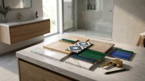 Material mood board on a marble bathroom counter displaying a curated selection of tile samples—including green subway tiles, deep blue subway tiles, star-patterned encaustic tiles, marble slabs, light wood planks, and beige stone tiles—beside a brass tape measure and pencil.