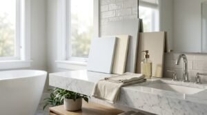 Bathroom interior design sample boards in soft pastel blue, cream, light grey, and taupe displayed on a thick marble vanity countertop beside a polished chrome widespread faucet, hand towel, and freestanding tub.