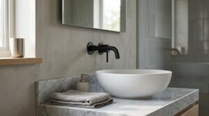 Modern minimalist bathroom vanity featuring a round white vessel basin on a grey-veined marble countertop with a wall-mounted matte black spout and lever mixer beneath a rectangular mirror.