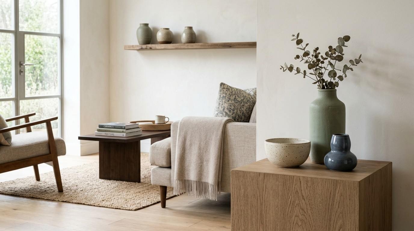 Contemporary interior combining odd-numbered décor groupings with rule-of-thirds composition, coordinated colours, and repeated materials for visual cohesion.