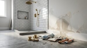 Severe water damage, peeling paint, and drywall staining on an adjoining bathroom wall next to a white subway-tiled walk-in shower with brushed brass fixtures, with discarded copper pipes, silicone sealant tube, loose tiles, and brass tap valves scattered on the floor.