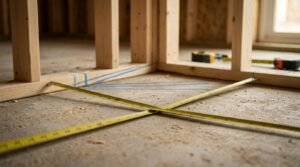 Two yellow tape measures extended diagonally across a concrete subfloor to check diagonal squareness inside an open timber stud wall framing corner during construction.