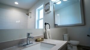 Bathroom renovation showing poor installation details, including messy silicone sealant around a chrome single-handle faucet deck plate, a dirty exhaust fan vent, and mismatched metallic fixtures.