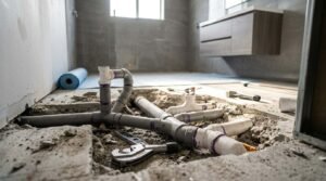 Underground PVC plumbing rough-in laid inside a trenched concrete subfloor with a pipe cutter tool and level during a bathroom renovation, leading toward a floating wood vanity in the background.