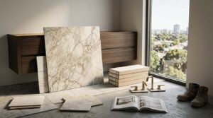 Large-format beige veined marble tile propped against a floating walnut bathroom vanity frame, surrounded by tile sample boxes, white subway tile samples, a brushed brass widespread faucet, an open design lookbook, and work boots on a concrete subfloor beside a sunny window.