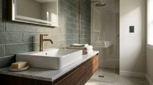 Modern bathroom vanity with a white rectangular semi-inset sink, brushed brass tapware, marble countertop, and walnut timber drawers set against olive green brick-pattern subway tiles and a walk-in glass shower enclosure.