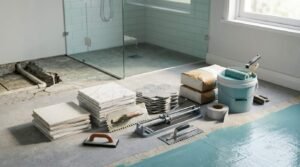 Bathroom floor tiling and waterproofing supplies arranged on a concrete subfloor, including stacks of marble, ceramic, and hexagon tiles, manual tile cutter, notched trowels, grout float, joint tape, and a bucket of liquid waterproofing membrane.