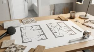 Architectural workspace displaying side-by-side bathroom floor plan options comparing layout revisions with directional plumbing arrows, surrounded by marble swatches, mosaic tile grids, wood samples, a matte black shower head, and a tape measure.