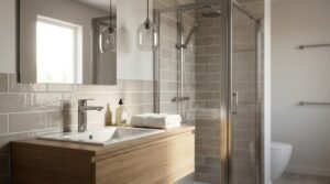 Modern ensuite bathroom featuring a wall-hung light wood vanity with a white inset sink, chrome mixer tap, glass pendant light, and a framed corner glass shower enclosure with beige subway wall tiles.