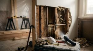 Demolished bathroom drywall revealing rotten timber wall studs, leaking corroded copper pipes, electrical wiring, and wet insulation, illuminated by a flashlight resting on a toolbox with work gloves, respirator mask, and pry bar.