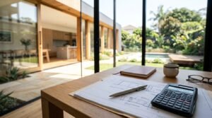 House extension planning with architectural floor plans, cost calculator, and modern indoor outdoor living space