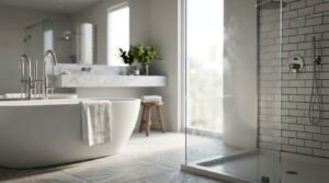 Modern sunlit bathroom featuring a white freestanding oval bathtub with floor-mounted chrome tapware, a frameless glass shower enclosure lined with white subway tiles, a wooden stool, and a floating marble vanity in the background.
