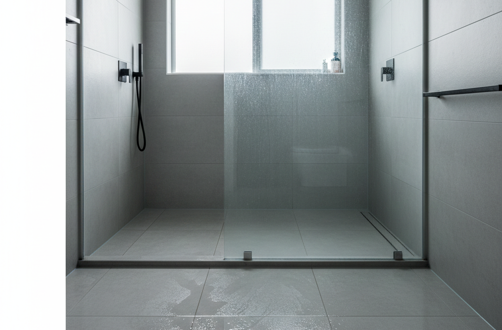 Open walk-in shower showing water spillage and lack of enclosure in a modern bathroom