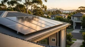 Residential rooftop solar panel array installed on a dark corrugated metal roof at sunset, with a digital home energy monitor on the exterior wall and the Sydney skyline and Harbour Bridge in the distant background.