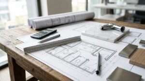 Architectural desk workspace displaying detailed bathroom floor plans, blueprints, a triangular scale ruler, calculator, pens, chrome faucet fixture, marble tile sample, and timber swatches on a rustic wood table.