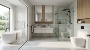 Spacious modern luxury bathroom featuring light grey marble tiles, a floating white and oak double vanity with dual vessel sinks, a glass-enclosed walk-in shower with matte black fixtures, a contemporary toilet, and an adjoining wet room with a freestanding soaking tub next to floor-to-ceiling sliding glass doors.