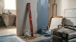 Bathroom wall substrate preparation showing blue liquid waterproofing membrane being applied with a paint roller beside a red spirit level, tile spacers, tape measure, stacked bags of flexible tile adhesive, and notched trowels.