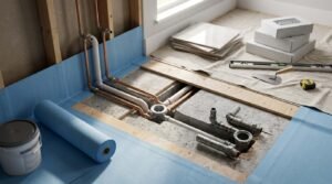 Plumbing rough-in and waterproofing preparation for a bathtub-to-shower conversion, showing copper pipes, PVC shower drain assembly, blue waterproofing sheet membrane, liquid sealant bucket, spirit level, and stacked floor tiles.