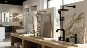 Bathroom plumbing showroom displays showcasing chrome, brushed nickel, and matte black tapware, exposed shower sets, and accompanying tile and timber vanity samples on timber display stands.