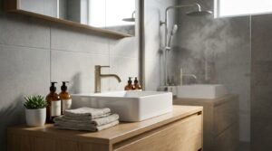 Modern light oak timber vanity with a rectangular white ceramic semi-recessed basin, brushed brass mixer tap, amber pump bottles, folded hand towels, and a mirrored shaving cabinet reflecting a walk-in shower.