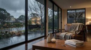 Cozy modern living room interior with floor-to-ceiling glass sliding doors showing a rainy day outdoors, featuring a brown leather armchair draped with a wool blanket and a wooden coffee table styled with ceramic vases and books.