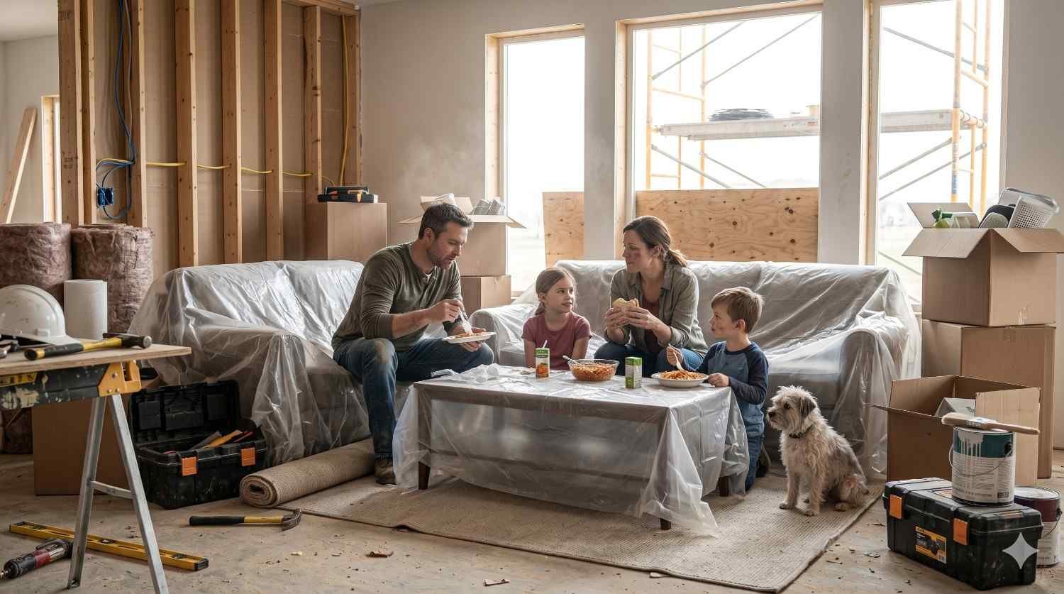 Family managing daily life in a partially renovated home