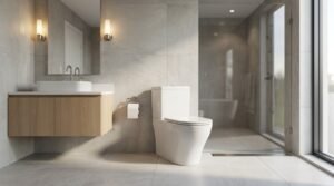 Contemporary minimalist bathroom featuring large grey porcelain wall and floor tiles, a floating light oak vanity with a rectangular semi-recessed vessel sink, a back-to-wall toilet, illuminated wall sconces, and a frameless glass door leading to a walk-in shower.