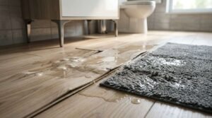 Focus on Hardwood Moisture Damage & Bathroom Flooring Risks: Large pool of water sitting on real hardwood bathroom flooring, illustrating water damage risks, warping, and seam swelling next to a clawfoot tub.