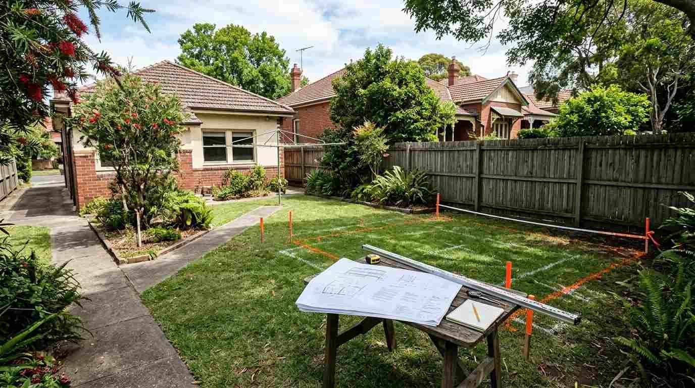 Sydney granny flat site showing property boundaries, setbacks, building footprint, landscaping, driveway access, and planning constraints relevant to approval.
