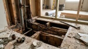 Severe water damage and wood rot exposed in bathroom subfloor joists and wall studs during renovation demolition, with rusted plumbing pipes, removed tiles, and a pry bar.