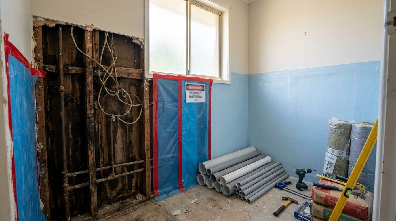 Bathroom renovation under construction showing exposed wall framing, old plumbing and electrical wiring, protective dust barriers, waterproof wall sheeting, stacked PVC plumbing pipes, cement bags, and renovation tools, highlighting hidden structural and plumbing issues that can increase bathroom renovation costs.