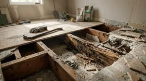 Demolished bathroom floor revealing rotted timber subfloor joists, exposed rusty plumbing pipes, cracked concrete mortar, work gloves, and a pry bar.