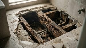 Severe timber dry rot and termite damage on structural floor joists and subfloor framing exposed beneath broken bathroom floor tiles, mortar bedding, and old plumbing pipes.