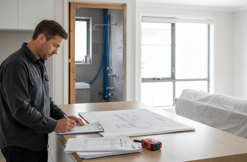 Sydney homeowner reviewing bathroom renovation contract and plans with licensed renovation contractor.
