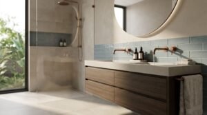 Modern luxury bathroom featuring a floating dark walnut double vanity with integrated concrete basins, running copper wall-mounted faucets, light blue subway backsplash tiles, a large backlit round mirror, and a walk-in shower with garden views.