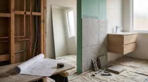Bathroom remodel in progress featuring exposed timber framing with copper piping, architectural blueprints on a workbench, green moisture-resistant drywall, and large grey porcelain wall tiles being installed with spacers next to a floating oak vanity.