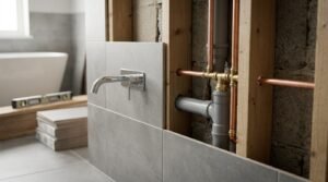 Cross-section view of a bathroom renovation showing exposed stud framing with in-wall copper supply lines and PVC drain pipes connecting to a finished grey tiled wall section fitted with a polished chrome wall-mounted basin faucet.