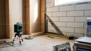 Bathroom corner remodel showing a green beam laser level on a mini tripod projecting a level line across open wood stud framing and an adjacent wall with newly installed white subway tiles, measured with a framing square and tape measure.